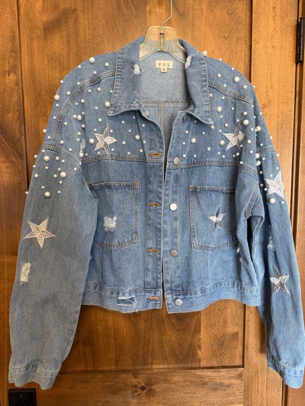 POL DENIM JACKET WITH PEARL DETAILS - SMALL
